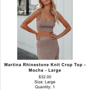 NWOT Vici knot mocha rhinestone crop top and midi skirt